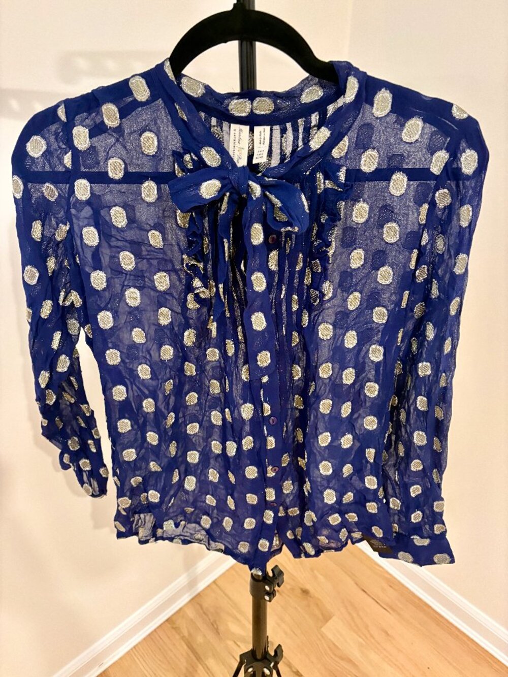 💙 Meadow Rue by Anthropologie Blue Metallic Polka Dot Sheer Blouse - Size 4